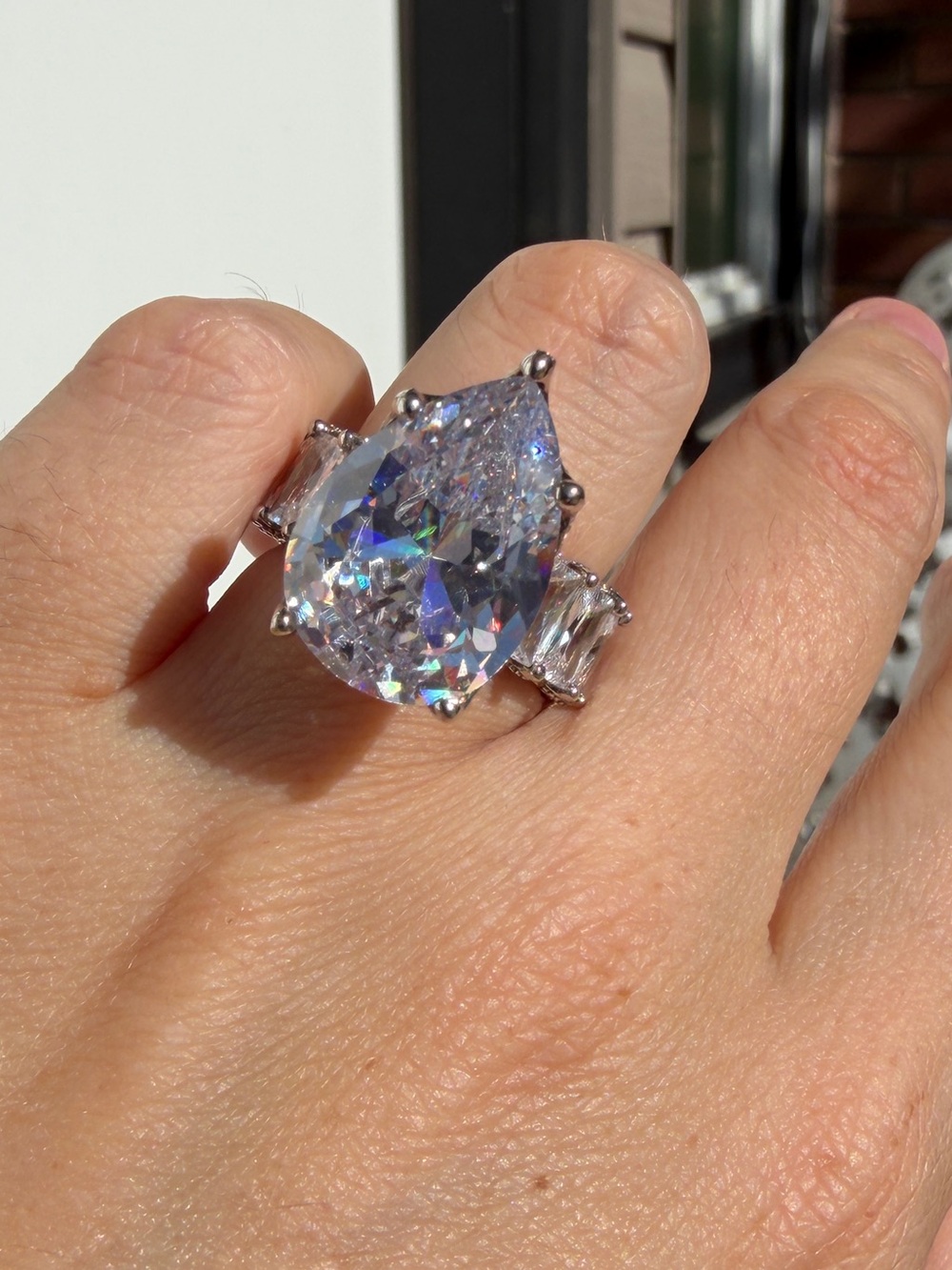 Silver Pear-Cut Clear Crystal Cocktail Ring